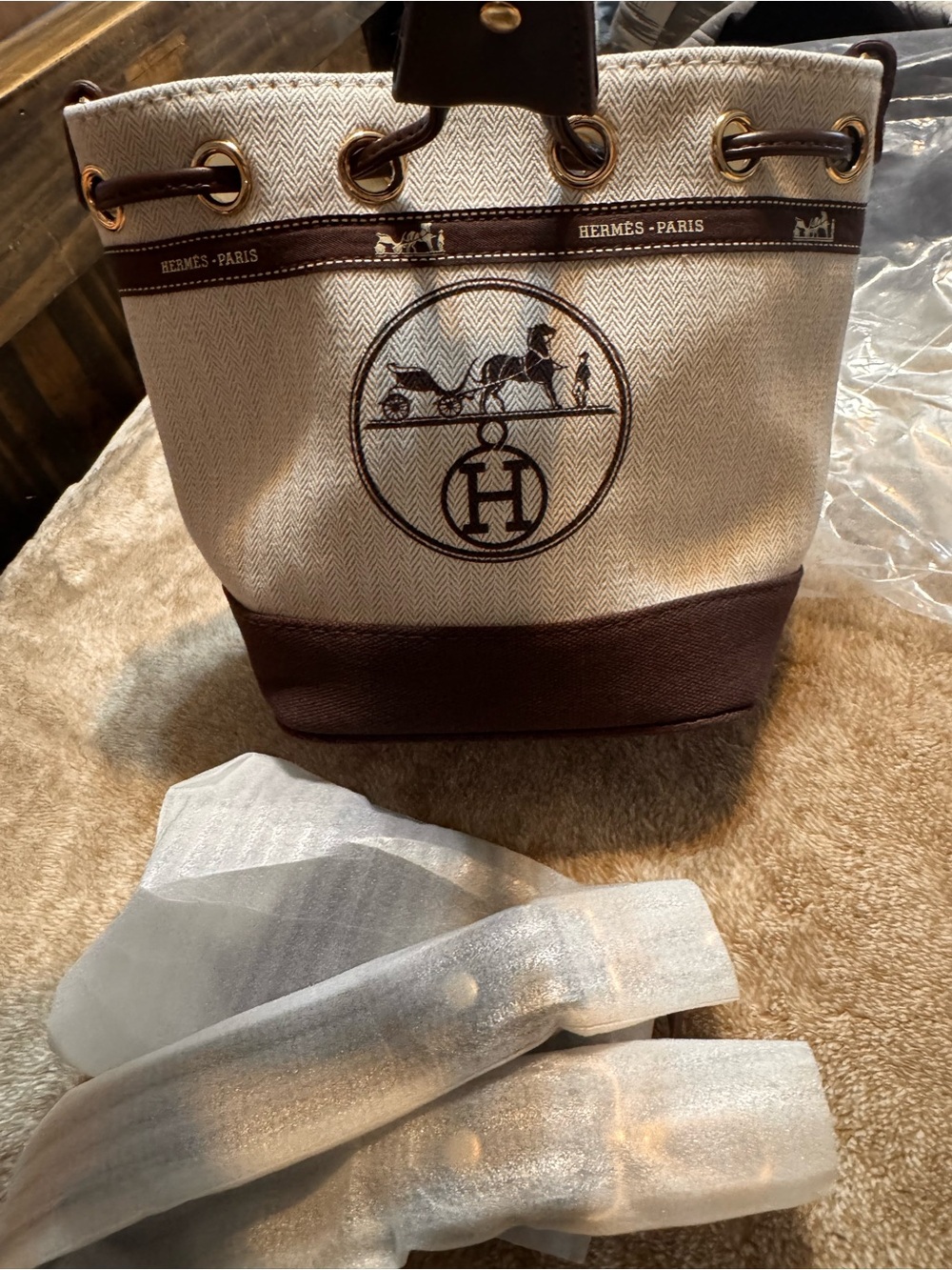 Upcycled from Hermes dust bag. Mini crossbody bag.